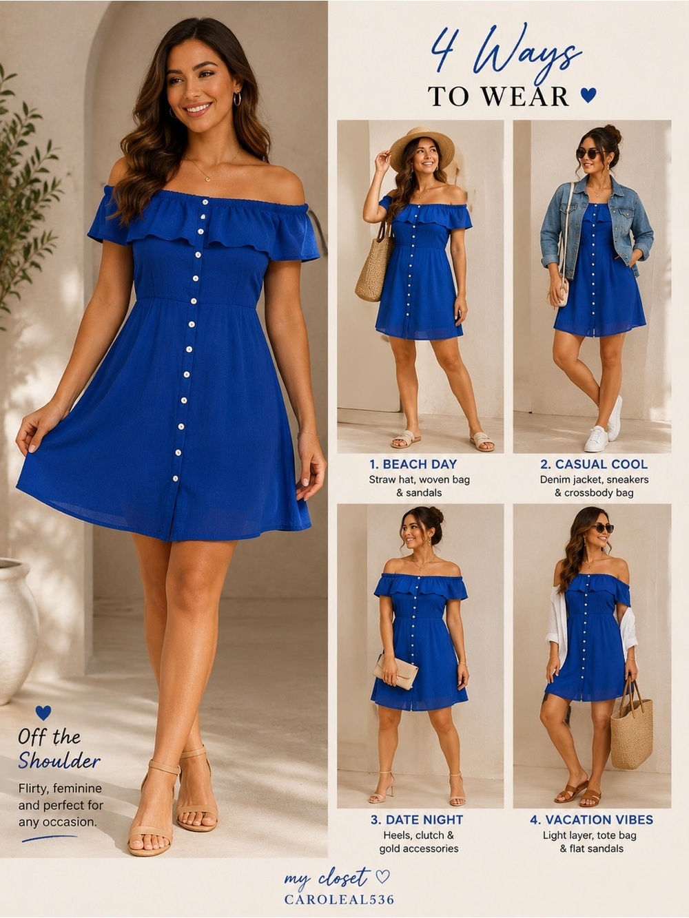 Off-the-Shoulder Blue Button-Front Summer Dress